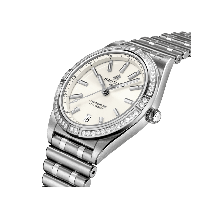 Breitling Chronomat Automatic 36 Diamonds White Dial Silver Steel Strap Watch for Women - A10380591A1A1