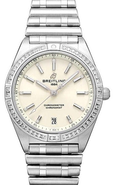 Breitling Chronomat Automatic 36 Diamonds White Dial Silver Steel Strap Watch for Women - A10380591A1A1