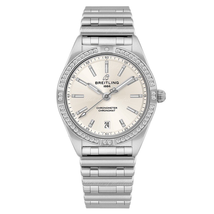 Breitling Chronomat Automatic 36 Diamonds White Dial Silver Steel Strap Watch for Women - A10380591A1A1
