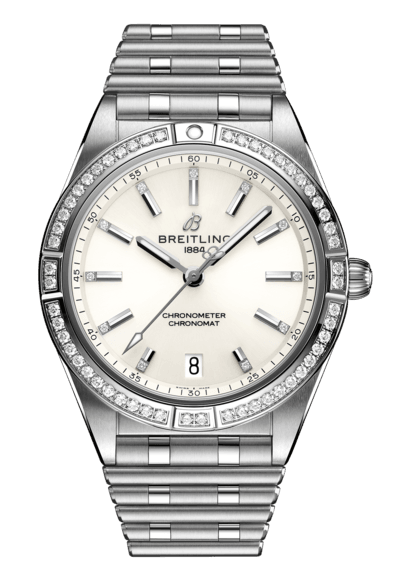 Breitling Chronomat Automatic 36 Diamonds White Dial Silver Steel Strap Watch for Women - A10380591A1A1