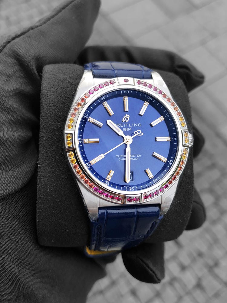 Breitling Chronomat Automatic 36 South Sea Blue Dial Blue Leather Strap Watch for Women - A10380611C1P1