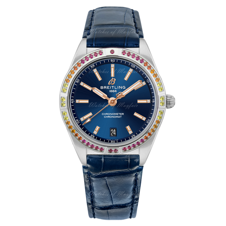 Breitling Chronomat Automatic 36 South Sea Blue Dial Blue Leather Strap Watch for Women - A10380611C1P1