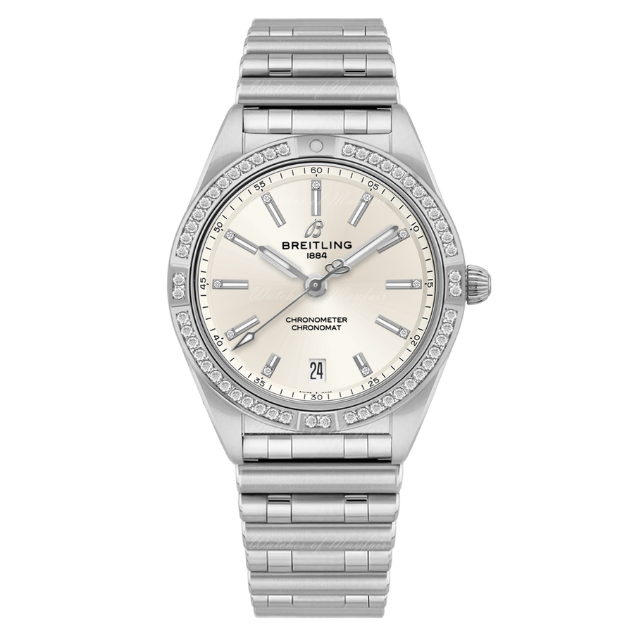Breitling Chronomat Automatic 36 Diamonds White Dial Silver Steel Strap Watch for Women - A10380591A1A1