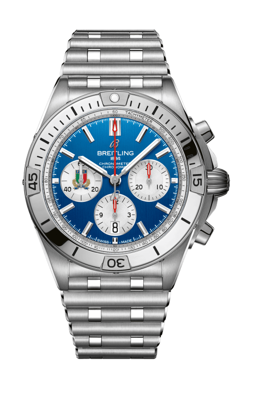 Breitling Chronomat B01 42 Six Nations Italy Blue Dial Silver Steel Strap Watch for Men - AB0134A41C1A1