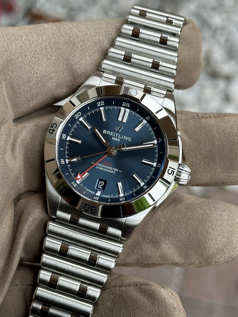Breitling Chronomat GMT 40 Blue Dial Silver Steel Strap Watch for Men - A32398101C1A1