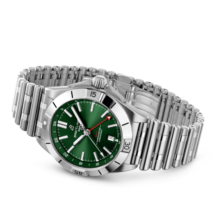 Breitling Chronomat GMT 40 Green Dial Silver Steel Strap Watch for Men - A32398101L1A1
