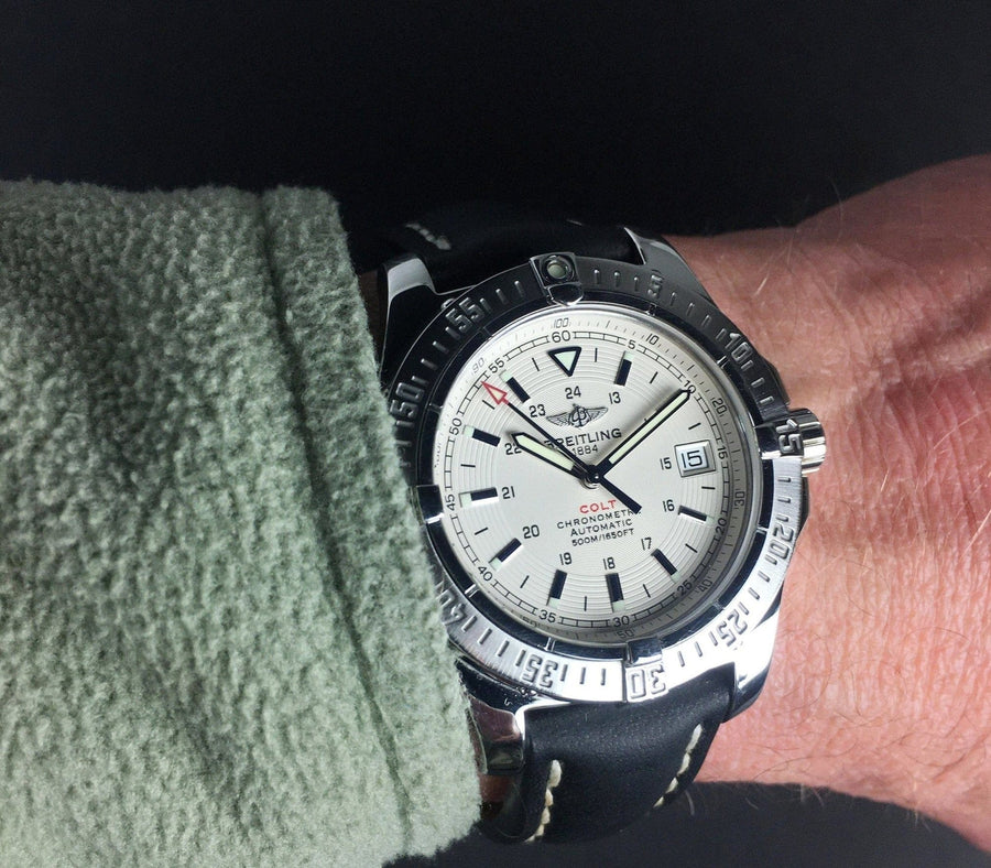 Breitling Colt 44mm Automatic Silver Dial Black Leather Mens Watch - A1731311/G820/428X