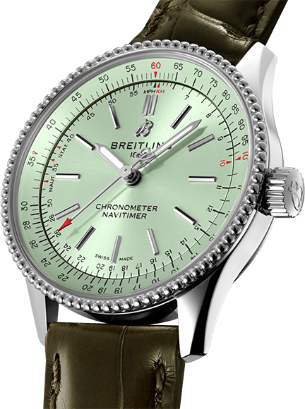 Breitling Navitimer Automatic 35 Green Dial Green Leather Strap Watch for Women - A17395361L1P1
