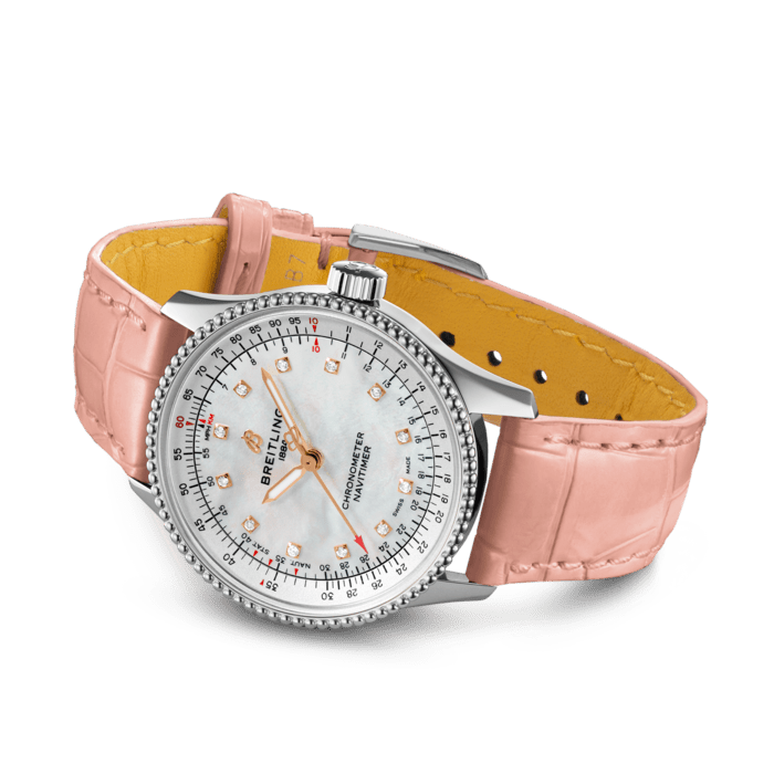 Breitling Navitimer Automatic 35 Mother of Pearl Dial Pink Leather Strap Watch for Women - A17395211A1P3