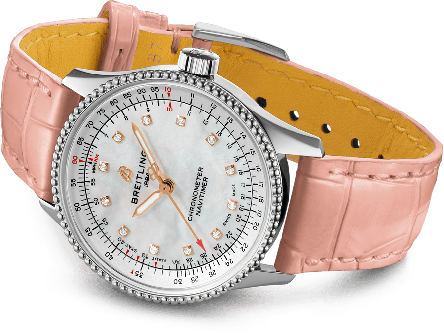 Breitling Navitimer Automatic 35 Mother of Pearl Dial Pink Leather Strap Watch for Women - A17395211A1P3