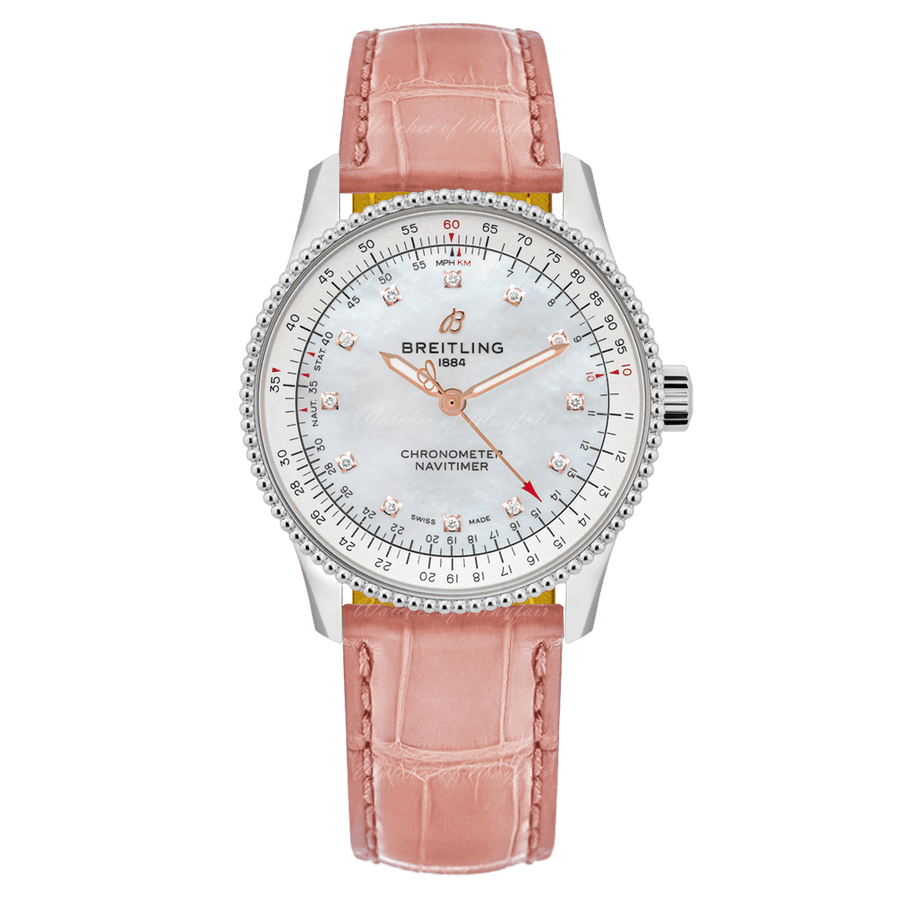 Breitling Navitimer Automatic 35 Mother of Pearl Dial Pink Leather Strap Watch for Women - A17395211A1P3