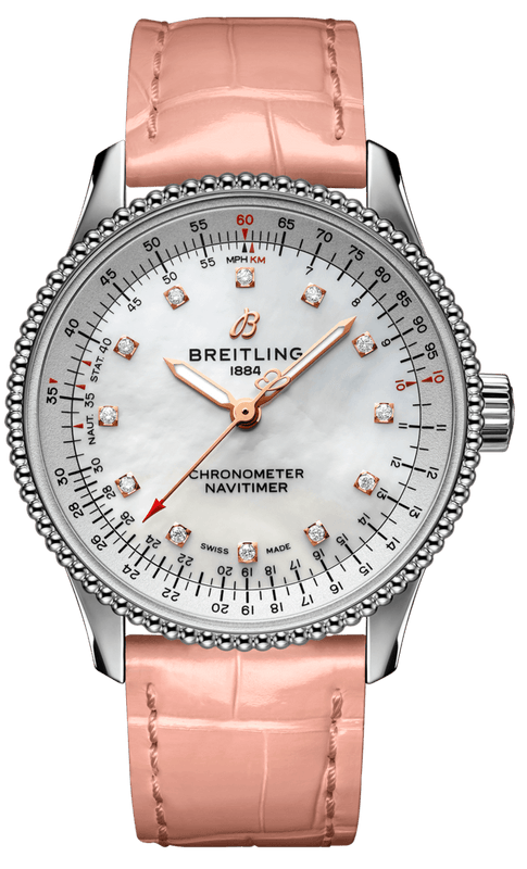 Breitling Navitimer Automatic 35 Mother of Pearl Dial Pink Leather Strap Watch for Women - A17395211A1P3