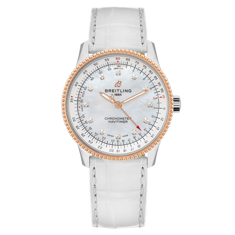 Breitling Navitimer Automatic 35 Mother of Pearl Dial White Leather Strap Watch for Women - U17395211A1P3