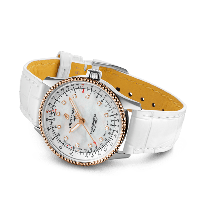 Breitling Navitimer Automatic 35 Mother of Pearl Dial White Leather Strap Watch for Women - U17395211A1P3