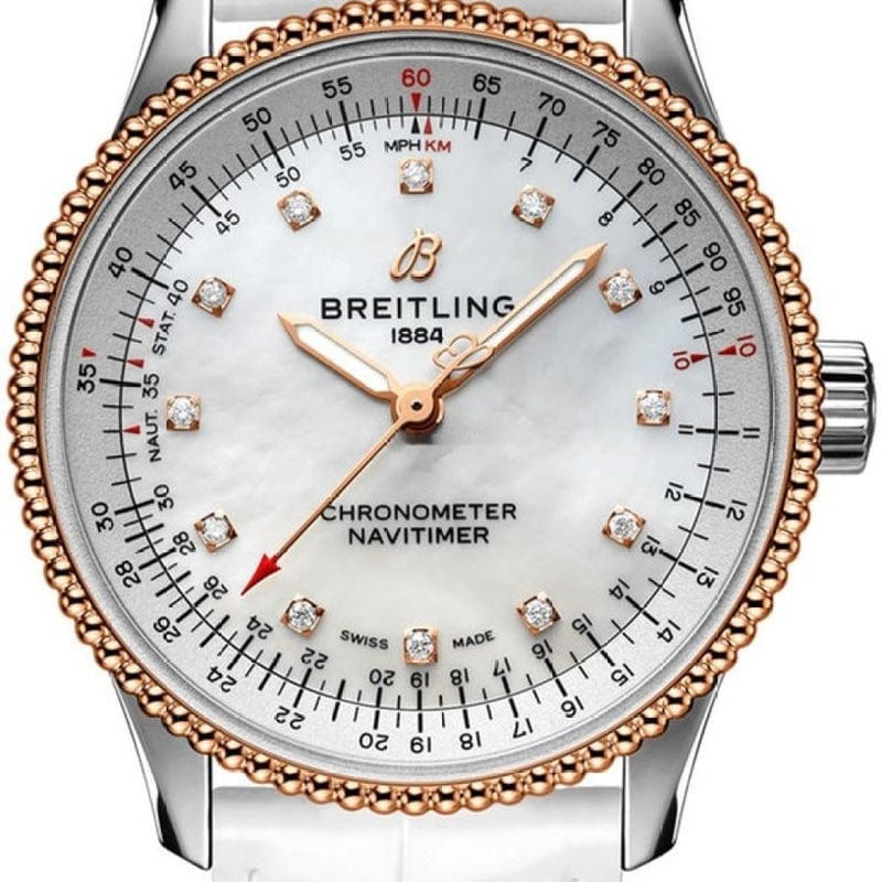 Breitling Navitimer Automatic 35 Mother of Pearl Dial White Leather Strap Watch for Women - U17395211A1P3