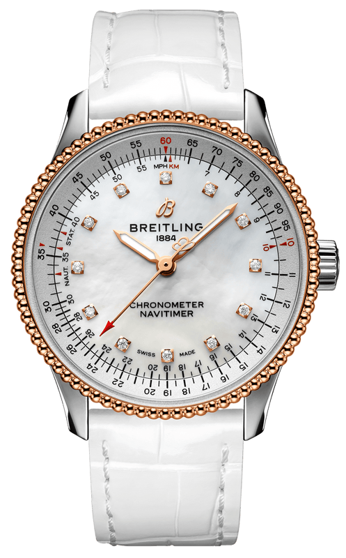 Breitling Navitimer Automatic 35 Mother of Pearl Dial White Leather Strap Watch for Women - U17395211A1P3