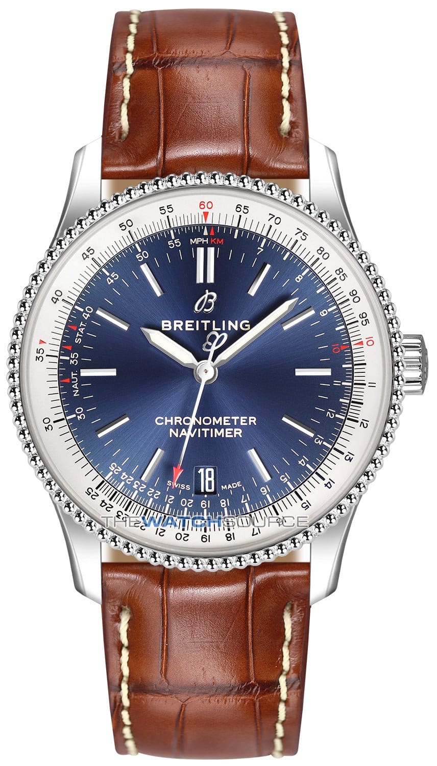 Breitling Navitimer Automatic 38mm Blue Dial Brown Leather Strap Mens Watch - A17325211C1P2