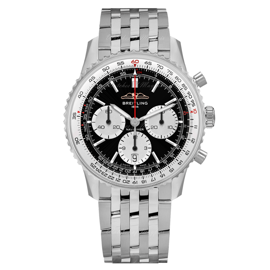 Breitling Navitimer B01 Chronograph 43 Black Dial Silver Steel Strap Watch for Men - AB0138211B1A1