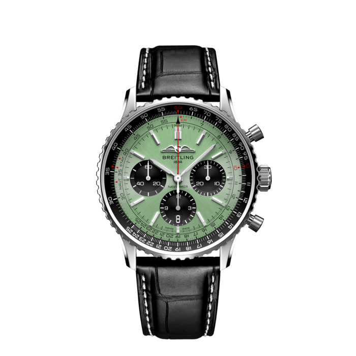 Breitling Navitimer B01 Chronograph 43 Green Dial Black Leather Strap Watch for Men - AB0138241L1P1
