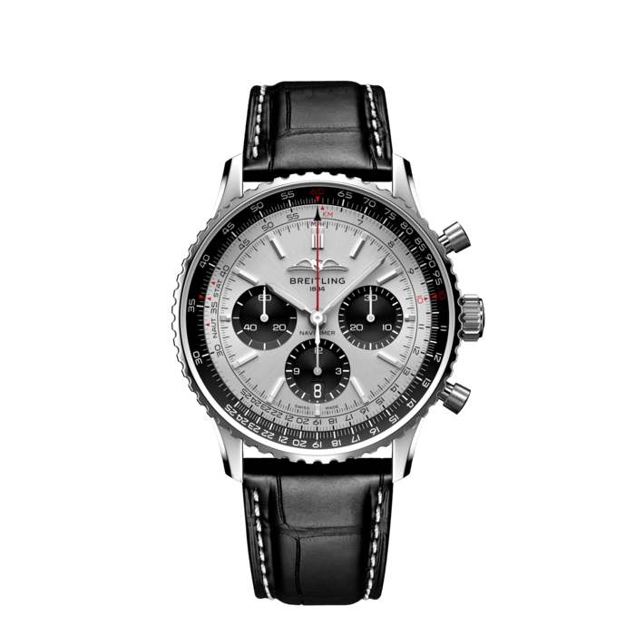 Breitling Navitimer B01 Chronograph 43 Silver Dial Black Leather Strap Watch for Men - AB0138241G1P1