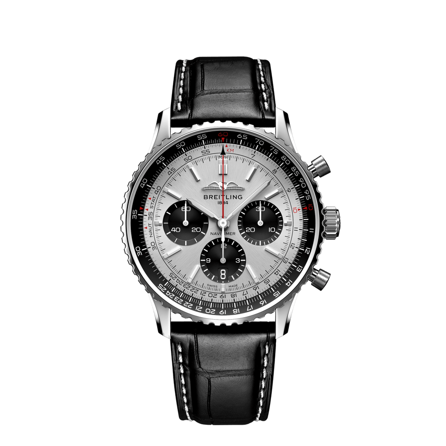 Breitling Navitimer B01 Chronograph 43 Silver Dial Black Leather Strap Watch for Men - AB0138241G1P1