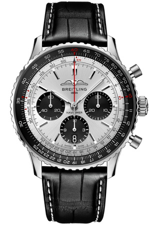 Breitling Navitimer B01 Chronograph 43 Silver Dial Black Leather Strap Watch for Men - AB0138241G1P1
