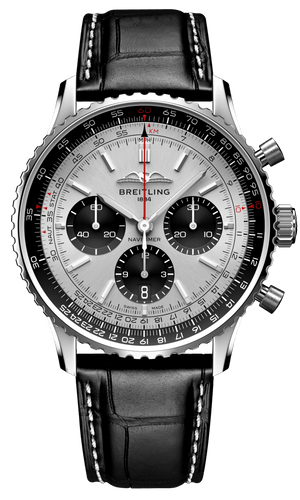 Breitling Navitimer B01 Chronograph 43 Silver Dial Black Leather Strap Watch for Men - AB0138241G1P1