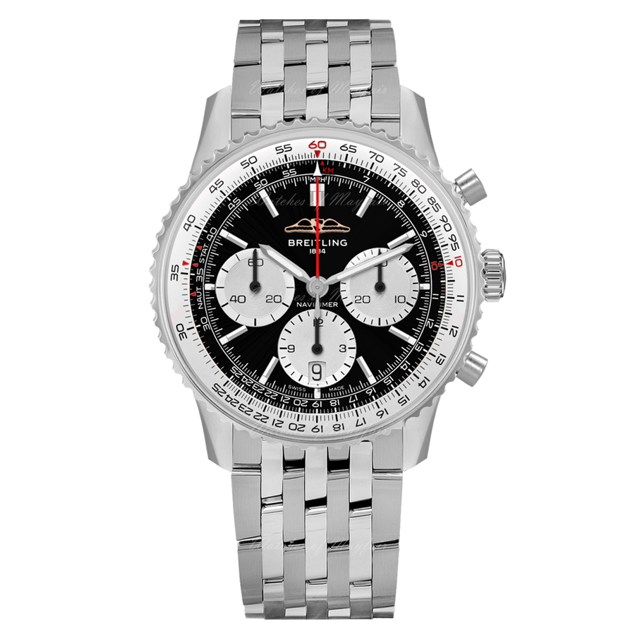 Breitling Navitimer B01 Chronograph 43 Black Dial Silver Steel Strap Watch for Men - AB0138211B1A1