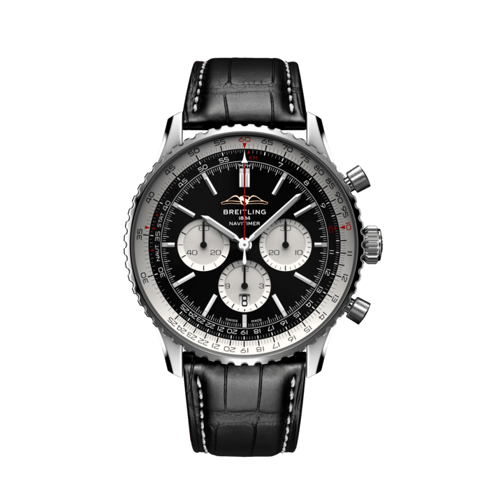 Breitling Navitimer B01 Chronograph 46 Black Dial Black Leather Strap Watch for Men - AB0137211B1P1