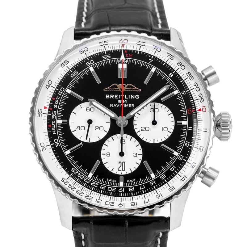 Breitling Navitimer B01 Chronograph 46 Black Dial Black Leather Strap Watch for Men - AB0137211B1P1