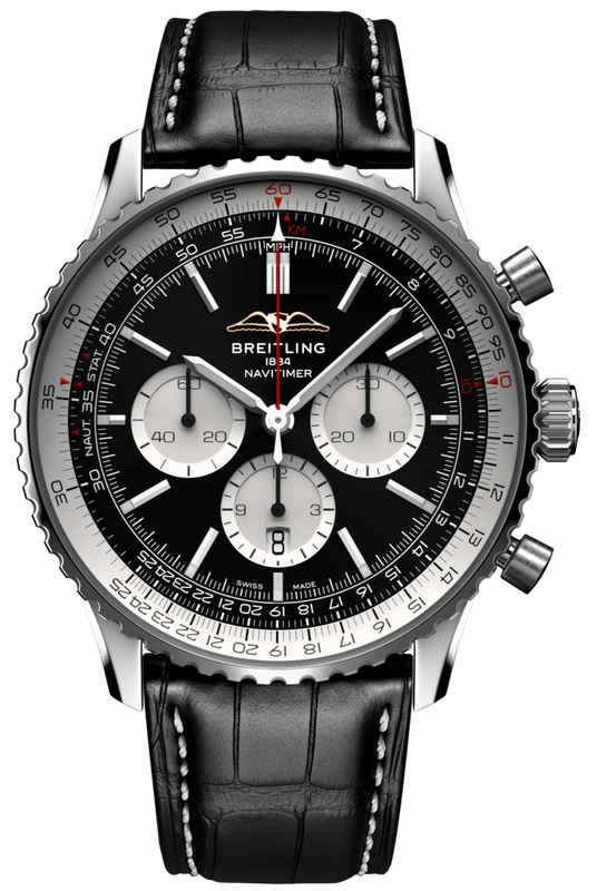 Breitling Navitimer B01 Chronograph 46 Black Dial Black Leather Strap Watch for Men - AB0137211B1P1