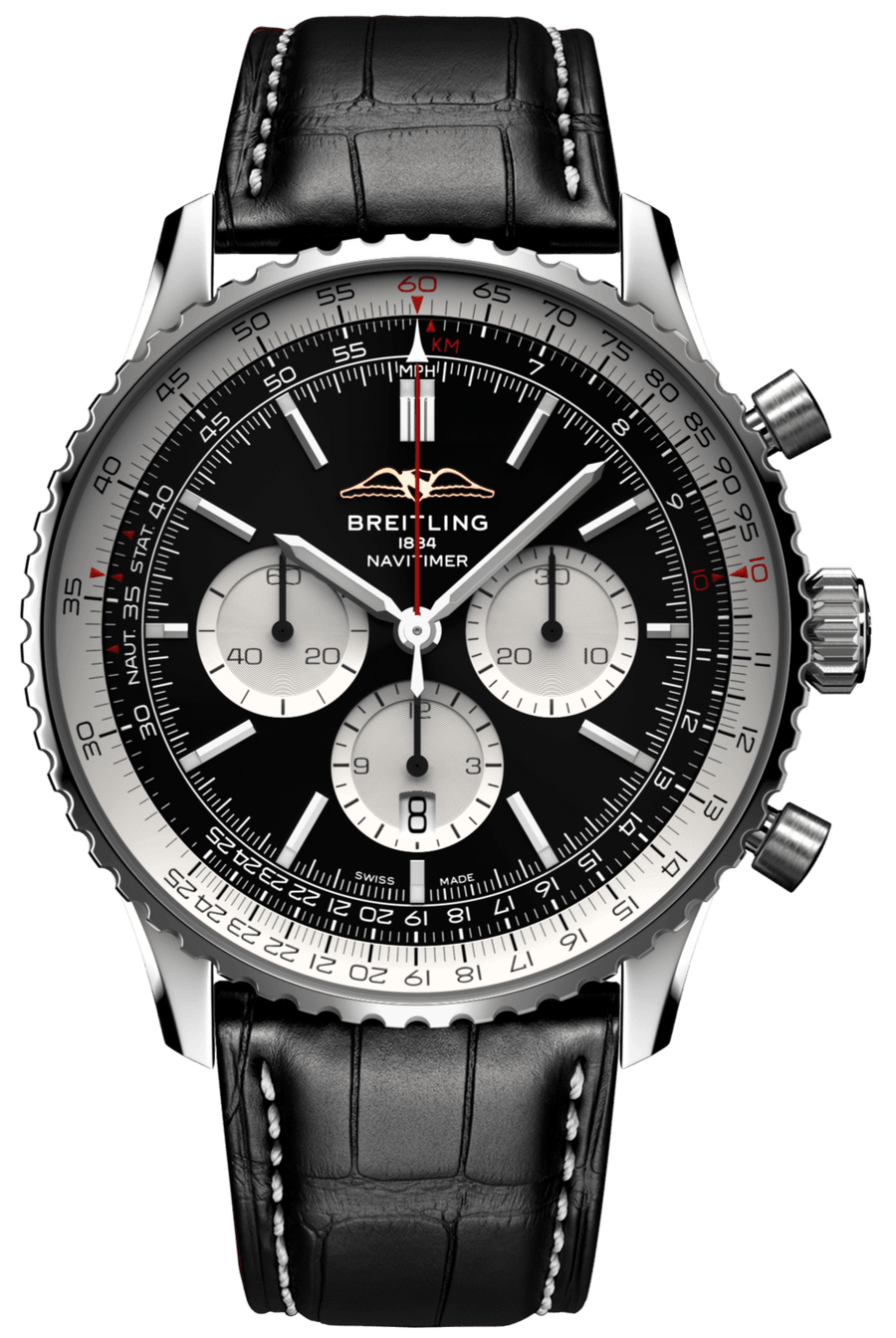 Breitling Navitimer B01 Chronograph 46 Black Dial Black Leather Strap Watch for Men - AB0137211B1P1
