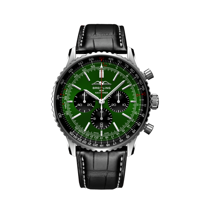 Breitling Navitimer B01 Chronograph 46 Green Dial Black Leather Strap Watch for Men - AB0137241L1P1