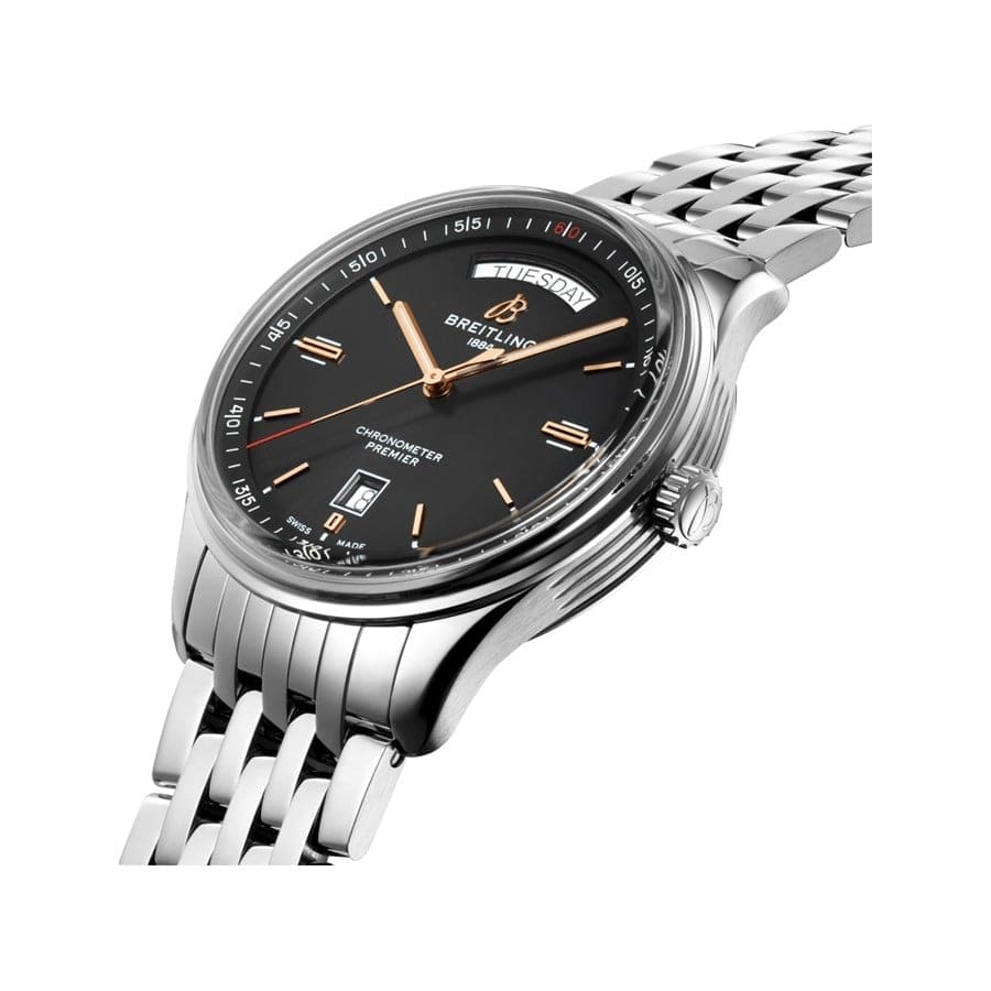 Breitling Premier Automatic 40mm Day & Date Black Dial Silver Steel Strap Mens Watch - A45340241B1A1