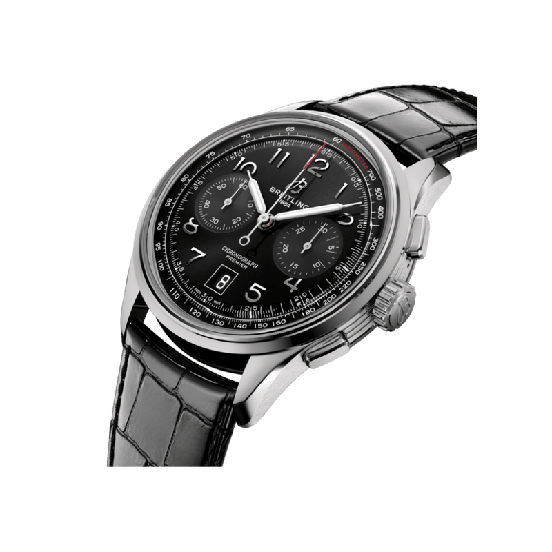 Breitling Premier B01 Chronograph 42 Black Dial Black Leather Strap Watch for Men - AB0145221B1P1