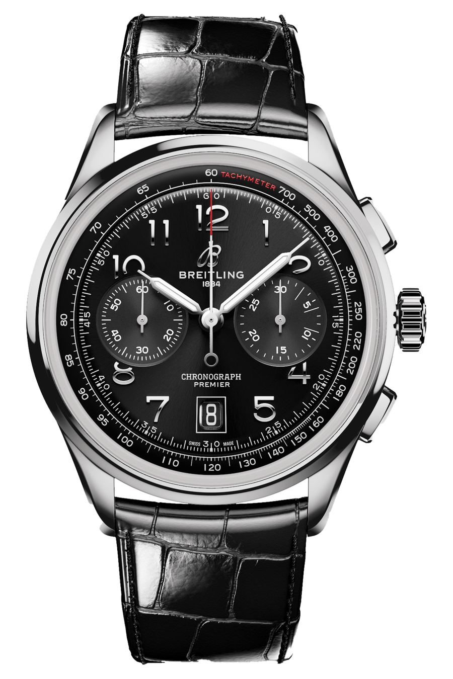 Breitling Premier B01 Chronograph 42 Black Dial Black Leather Strap Watch for Men - AB0145221B1P1