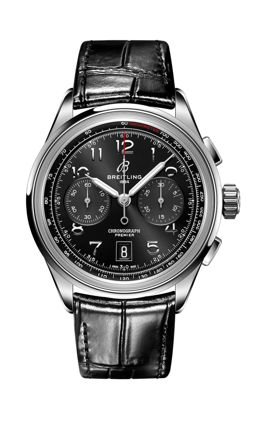 Breitling Premier B01 Chronograph 42 Black Dial Black Leather Strap Watch for Men - AB0145221B1P1