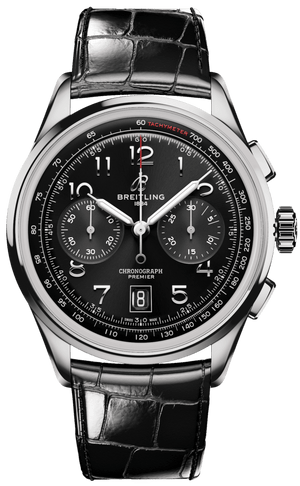 Breitling Premier B01 Chronograph 42 Black Dial Black Leather Strap Watch for Men - AB0145221B1P1