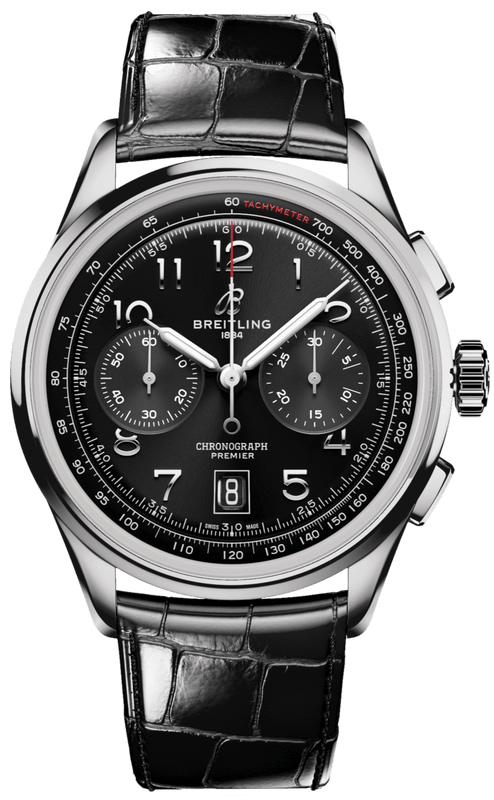 Breitling Premier B01 Chronograph 42 Black Dial Black Leather Strap Watch for Men - AB0145221B1P1