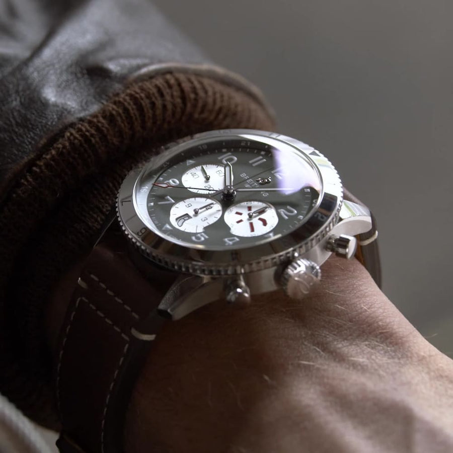 Breitling Super Avi B04 Chronograph GMT 46 Curtiss Warhawk Green Dial Brown Leather Strap Watch for Men - AB04452A1L1X1