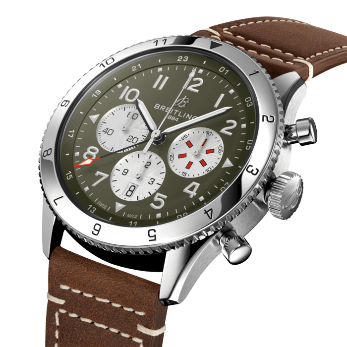 Breitling Super Avi B04 Chronograph GMT 46 Curtiss Warhawk Green Dial Brown Leather Strap Watch for Men - AB04452A1L1X1