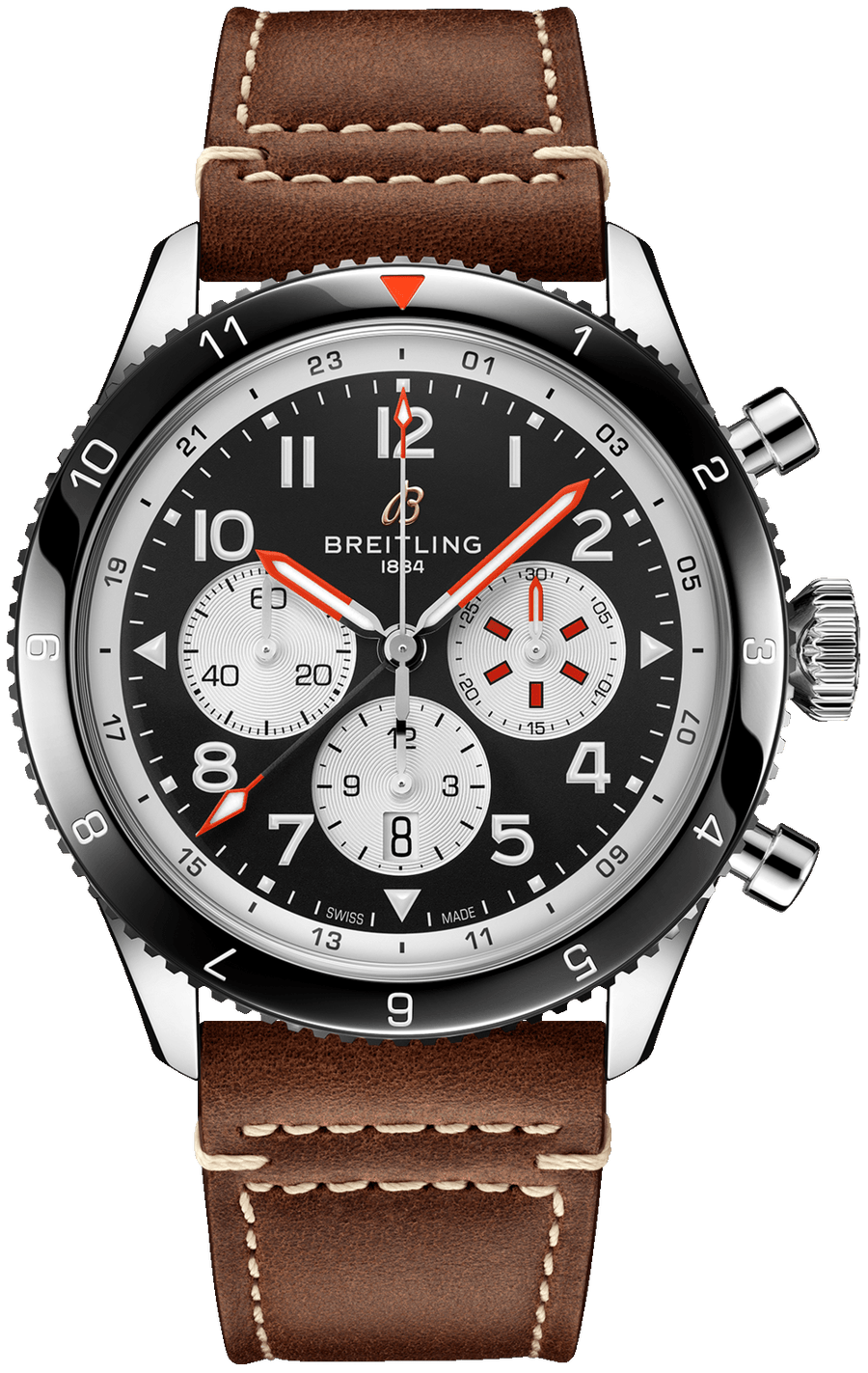 Breitling Super Avi B04 Chronograph GMT 46 Mosquito Black Dial Brown Leather Strap Watch for Men - YB04451A1B1X1