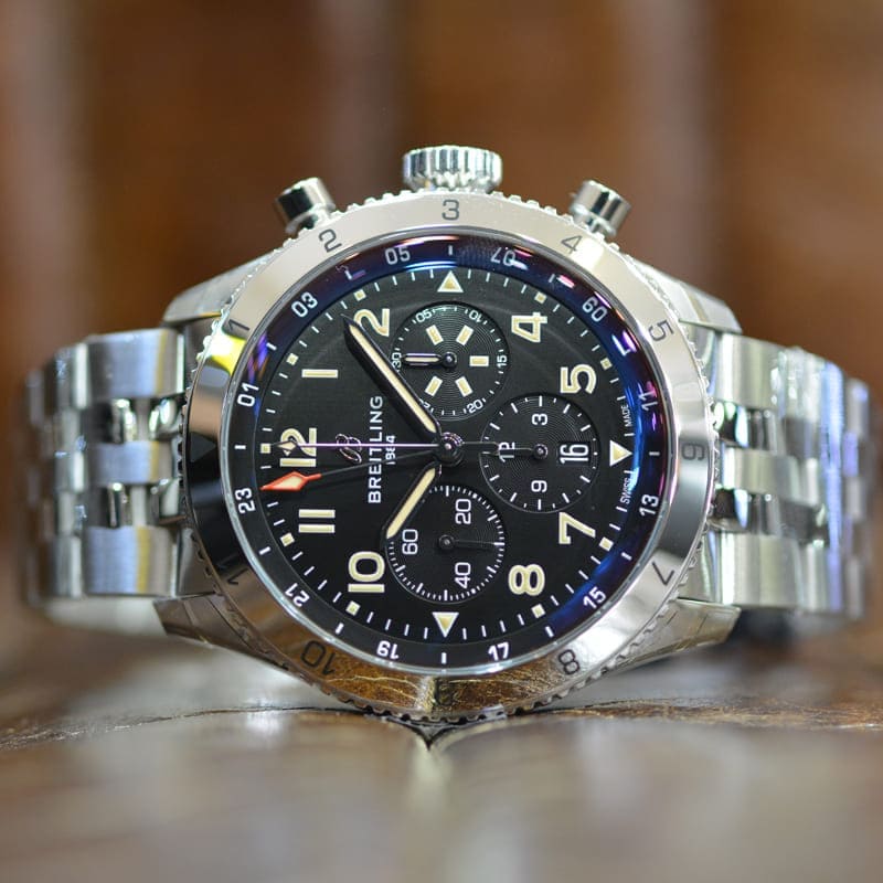 Breitling Super Avi B04 Chronograph GMT 46 P-51 Mustang Black Dial Silver Steel Strap Watch for Men - AB04453A1B1A1