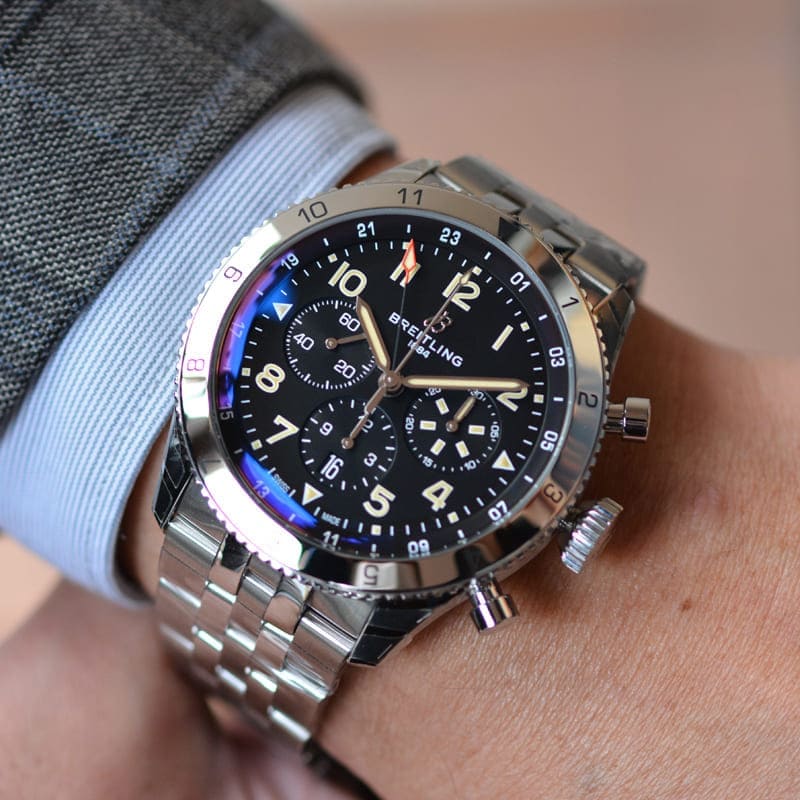 Breitling Super Avi B04 Chronograph GMT 46 P-51 Mustang Black Dial Silver Steel Strap Watch for Men - AB04453A1B1A1