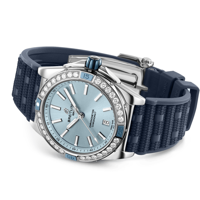 Breitling Super Chronomat Automatic 38 Diamonds Blue Dial Blue Rubber Strap Watch for Women - A17356531C1S1