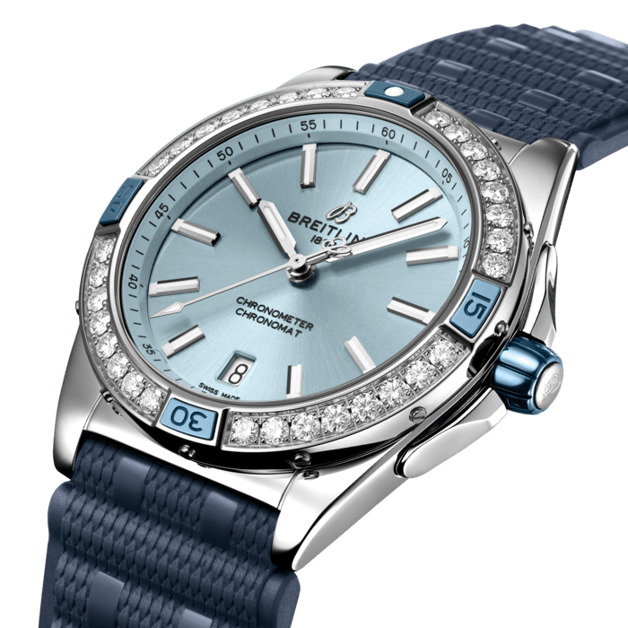 Breitling Super Chronomat Automatic 38 Diamonds Blue Dial Blue Rubber Strap Watch for Women - A17356531C1S1