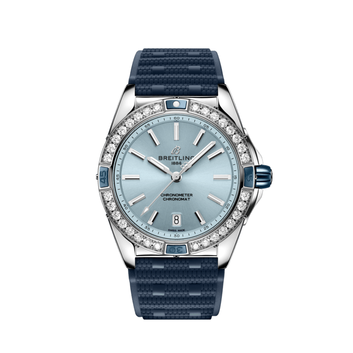 Breitling Super Chronomat Automatic 38 Diamonds Blue Dial Blue Rubber Strap Watch for Women - A17356531C1S1