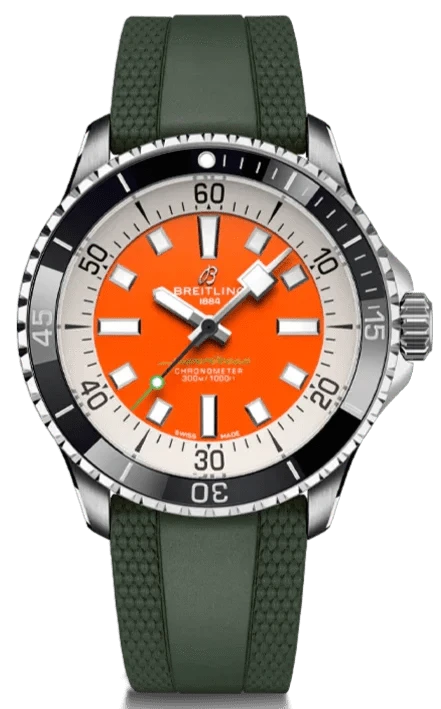Breitling Superocean Automatic 42mm Kelly Slater Limited Edition Orange Dial Green Rubber Strap Watch for Men - A173751A101S1