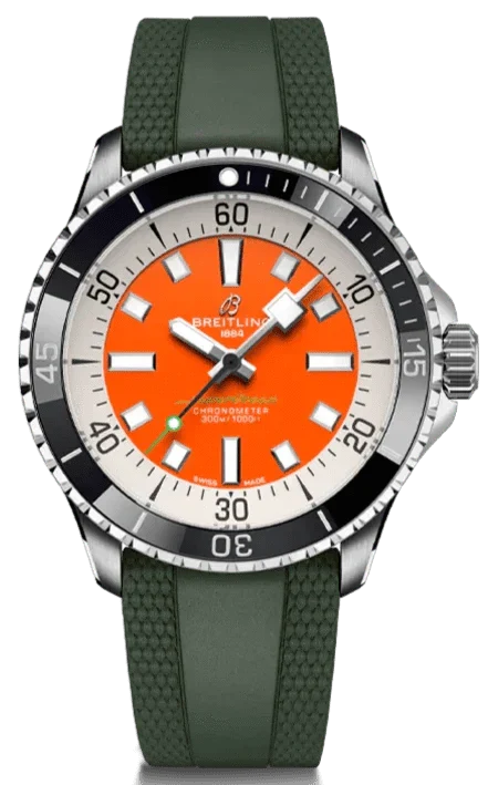 Breitling Superocean Automatic 42mm Kelly Slater Limited Edition Orange Dial Green Rubber Strap Watch for Men - A173751A101S1