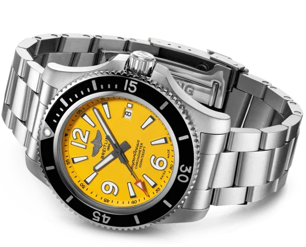Breitling Superocean Automatic 44mm Yellow Dial Silver Steel Strap Watch for Men - A17375211/1A1